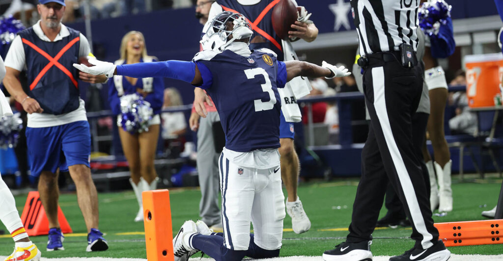 Nov 27, 2025; Arlington, Texas, USA; Dallas Cowboys wide receiver George Pickens (3) celebrates after catching a pass for a successful two-point conversion against the Kansas City Chiefs during the fourth quarter at AT&T Stadium. Mandatory Credit: Kevin Jairaj-Imagn Images