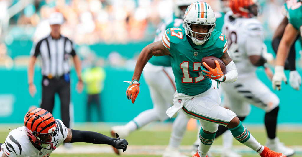 Dec 21, 2025; Miami Gardens, Florida, USA; Miami Dolphins wide receiver Jaylen Waddle (17) runs the ball during the second quarter against the Cincinnati Bengals at Hard Rock Stadium. Mandatory Credit: Sam Navarro-Imagn Images