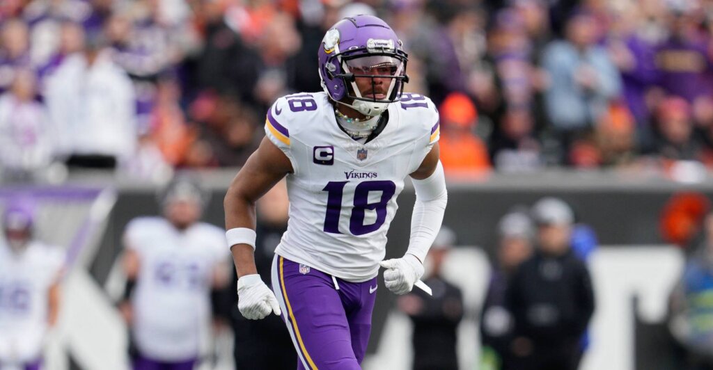 Justin Jefferson #18 of the Minnesota Vikings runs during a NFL football game against the Cincinnati Bengals at Paycor Stadium on December 16, 2023 in Cincinnati, Ohio.